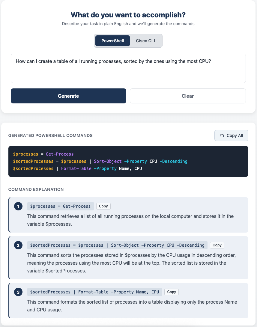 Shell Fetch generating PowerShell commands from a plain English description
